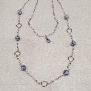 Talbots Silver Tone White and Blue Beaded Two Layer Stone Necklace